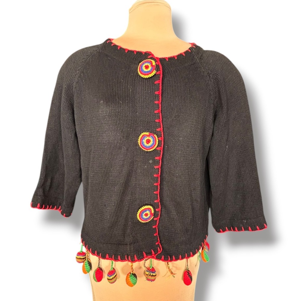 Michael Simon Vintage Black Knit Cardigan Red Trim Pom Poms Colorful  Artsy